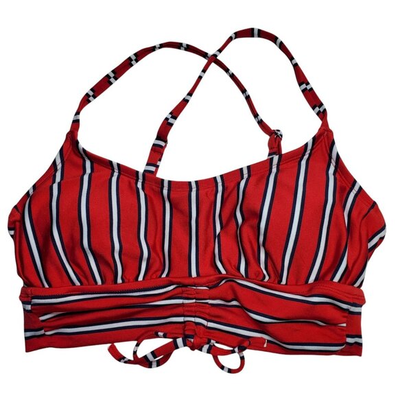 Kona Sol Women's Red Multi Stripe Soft‎ Knit X-Back Ruched Swim Bikini Top S - Picture 1 of 3